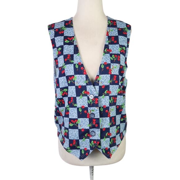 Vintage 90s Blue and Red Checker Cherry Print Vest M - Picture 1 of 5